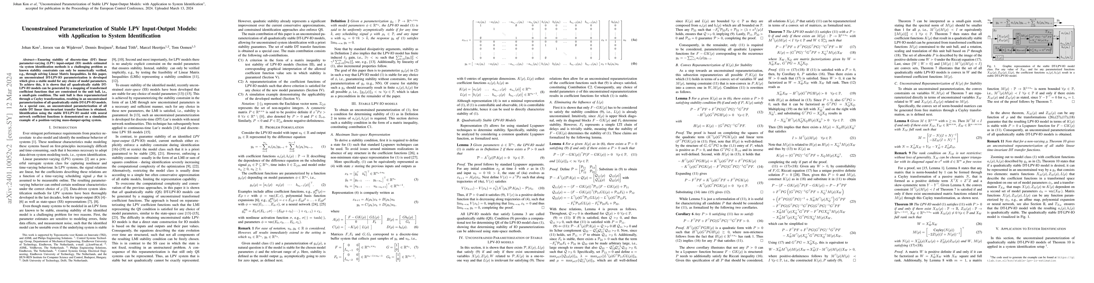 Thumbnail for Unconstrained Parameterization of Stable LPV Input-Output Models: with
  Application to System Identification
