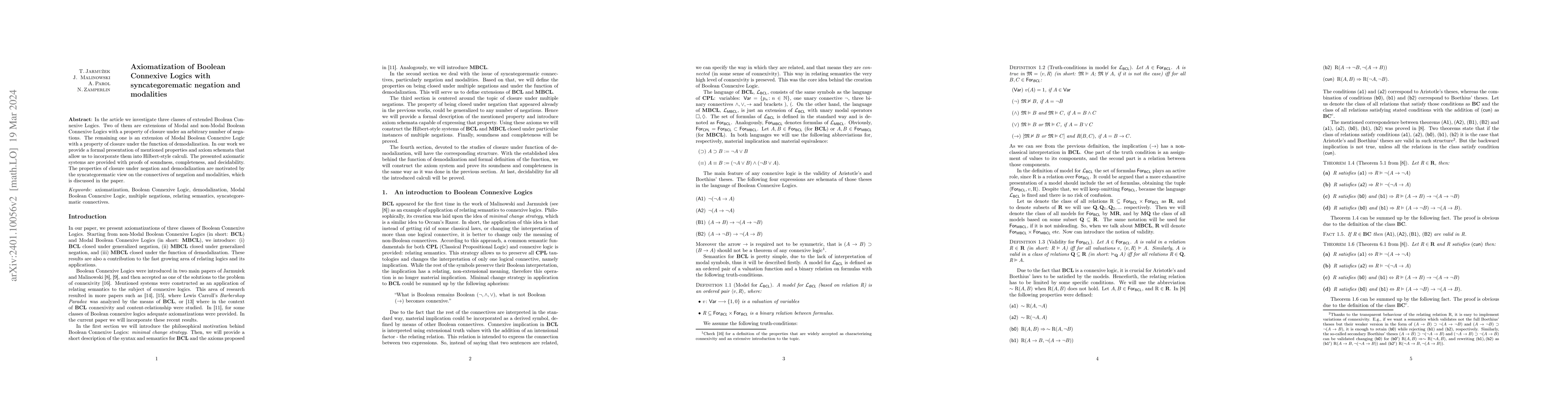 Thumbnail for Axiomatization of Boolean Connexive Logics with syncategorematic
  negation and modalities