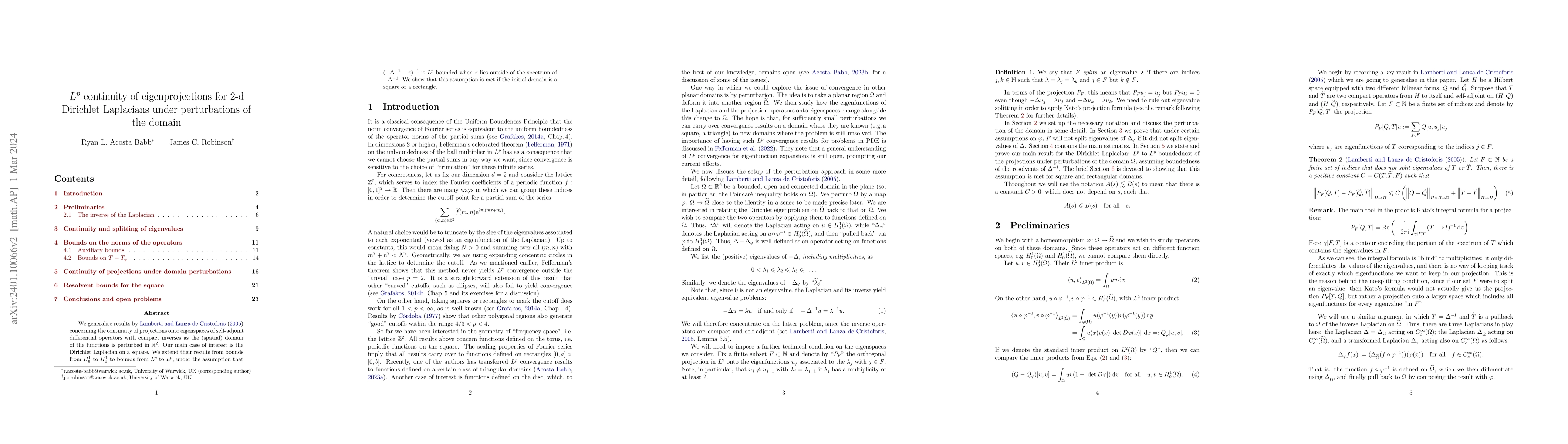Thumbnail for $L^p$ continuity of eigenprojections for 2-d Dirichlet Laplacians under
  perturbations of the domain