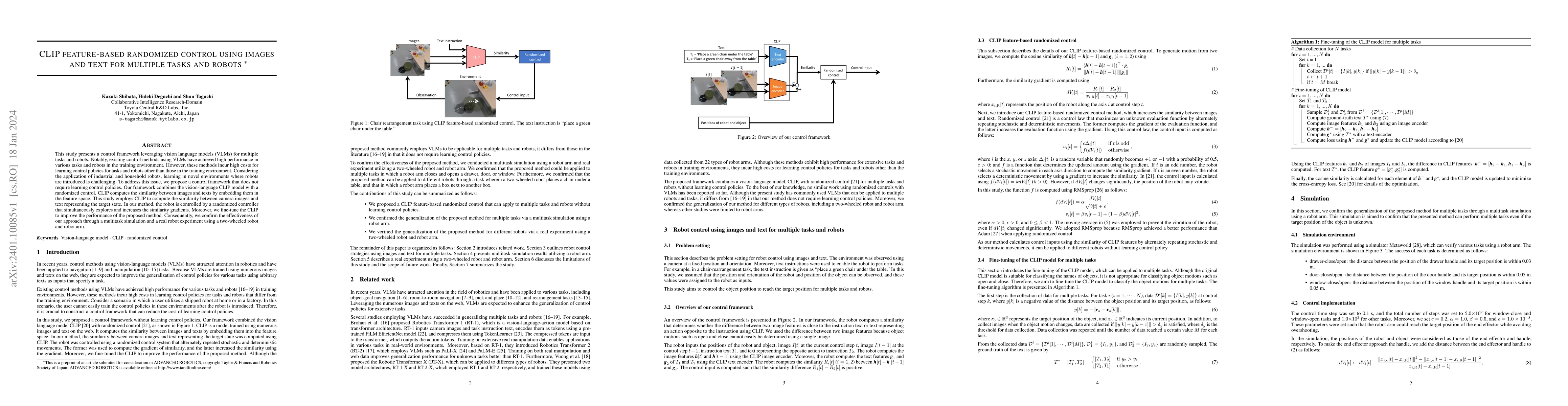 Thumbnail for CLIP feature-based randomized control using images and text for multiple
  tasks and robots