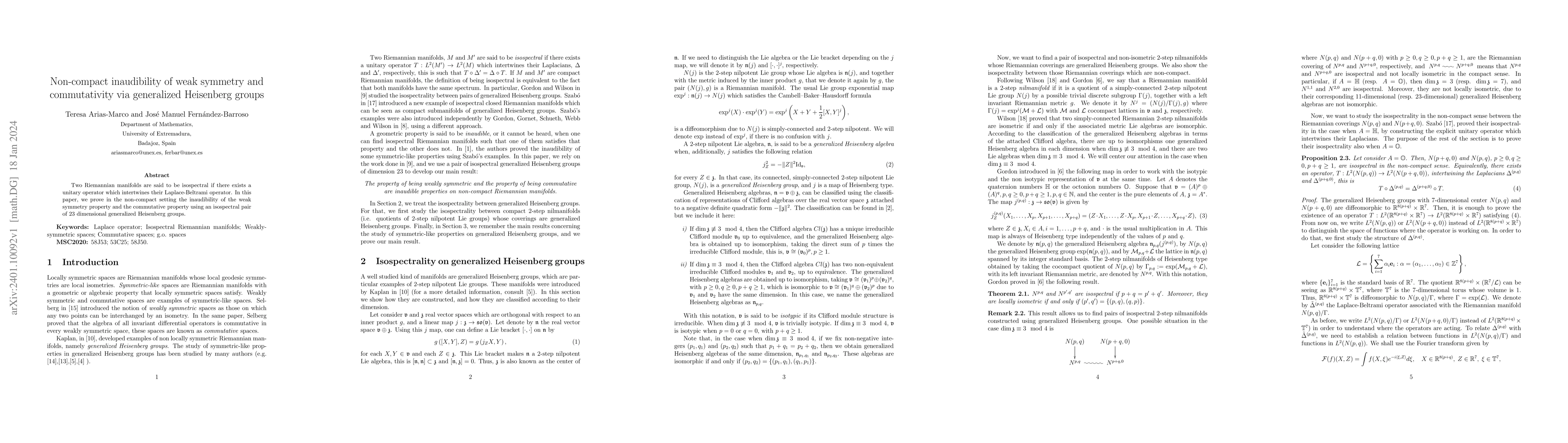 Thumbnail for Non-compact inaudibility of weak symmetry and commutativity via
  generalized Heisenberg groups