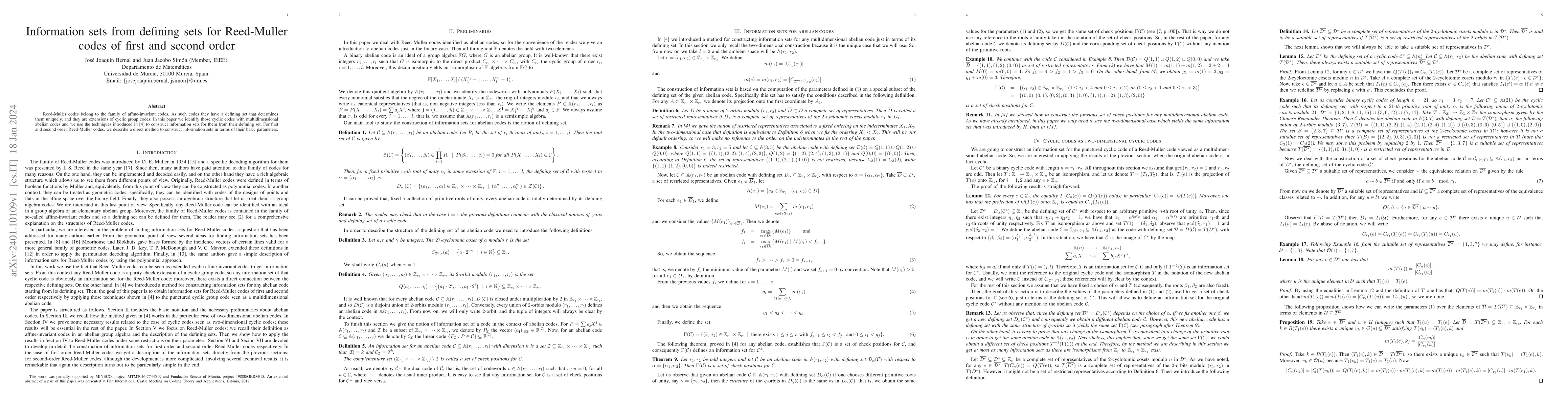Thumbnail for Information sets from defining sets for Reed-Muller codes of first and
  second order