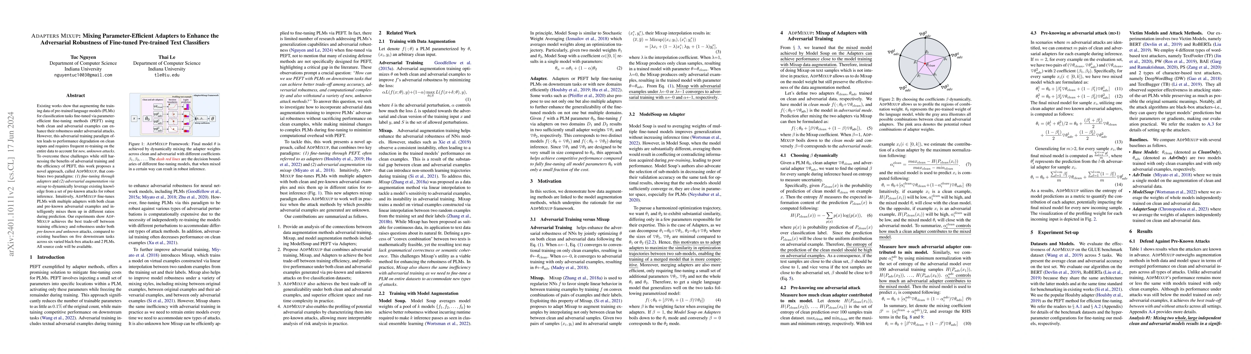 Thumbnail for Adapters Mixup: Mixing Parameter-Efficient Adapters to Enhance the
  Adversarial Robustness of Fine-tuned Pre-trained Text Classifiers
