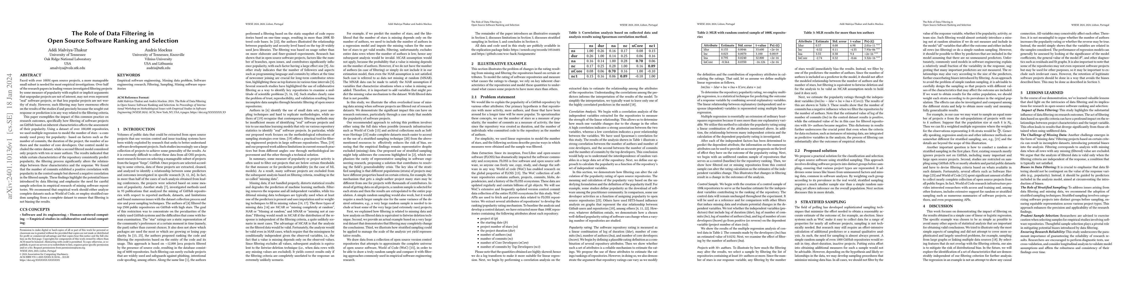Thumbnail for The Role of Data Filtering in Open Source Software Ranking and Selection