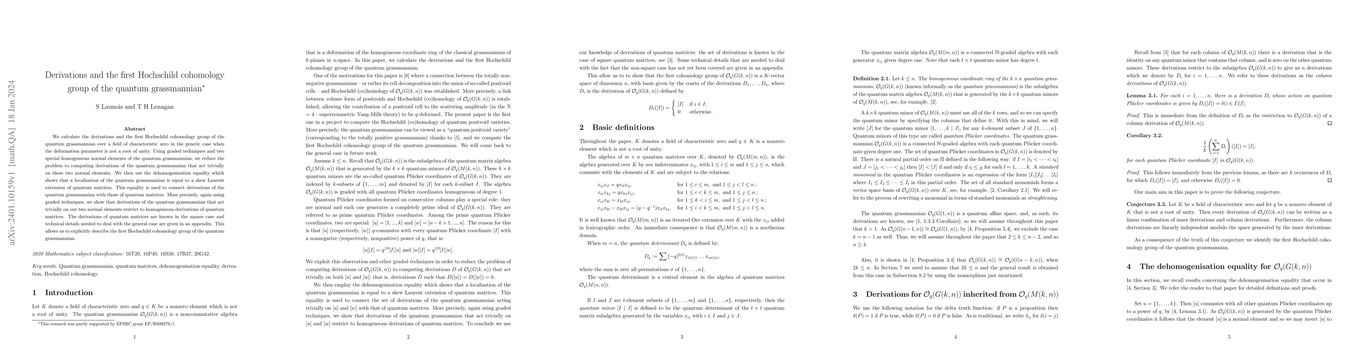 Thumbnail for Derivations and the first Hochschild cohomology group of the quantum
  grassmannian