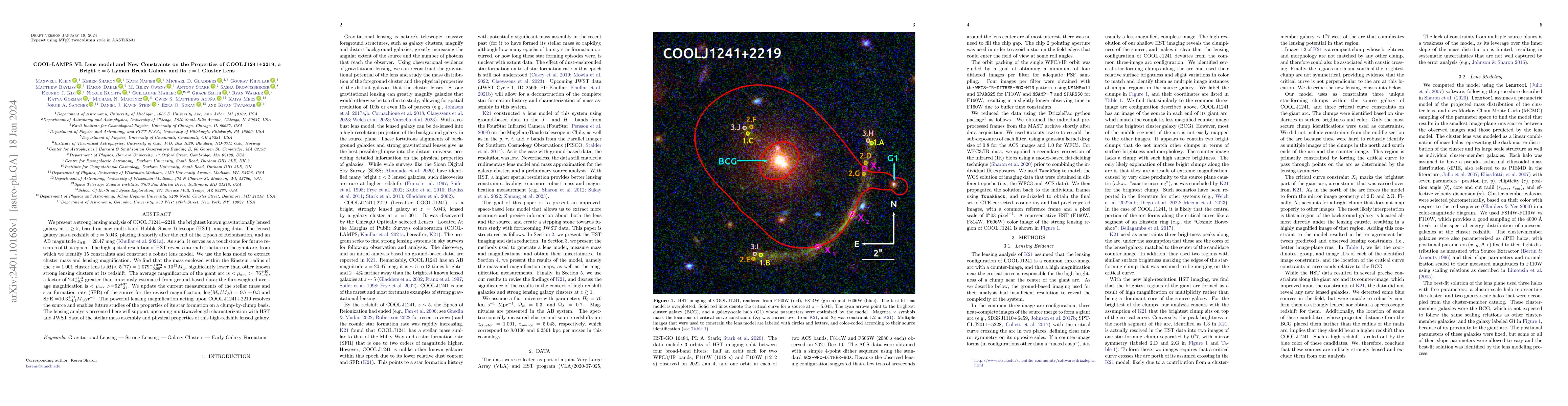 Thumbnail for COOL-LAMPS VI: Lens model and New Constraints on the Properties of COOL
  J1241+2219, a Bright z = 5 Lyman Break Galaxy and its z = 1 Cluster Lens
