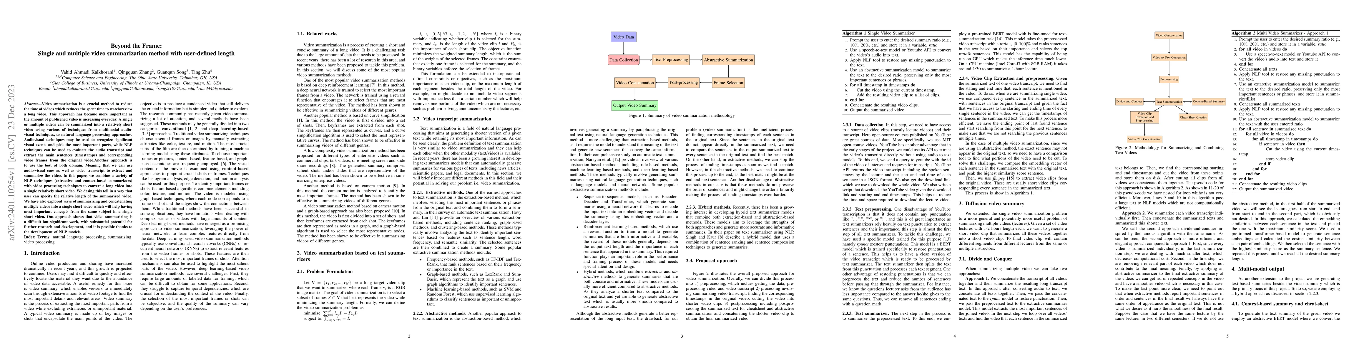 Thumbnail for Beyond the Frame: Single and mutilple video summarization method with
  user-defined length