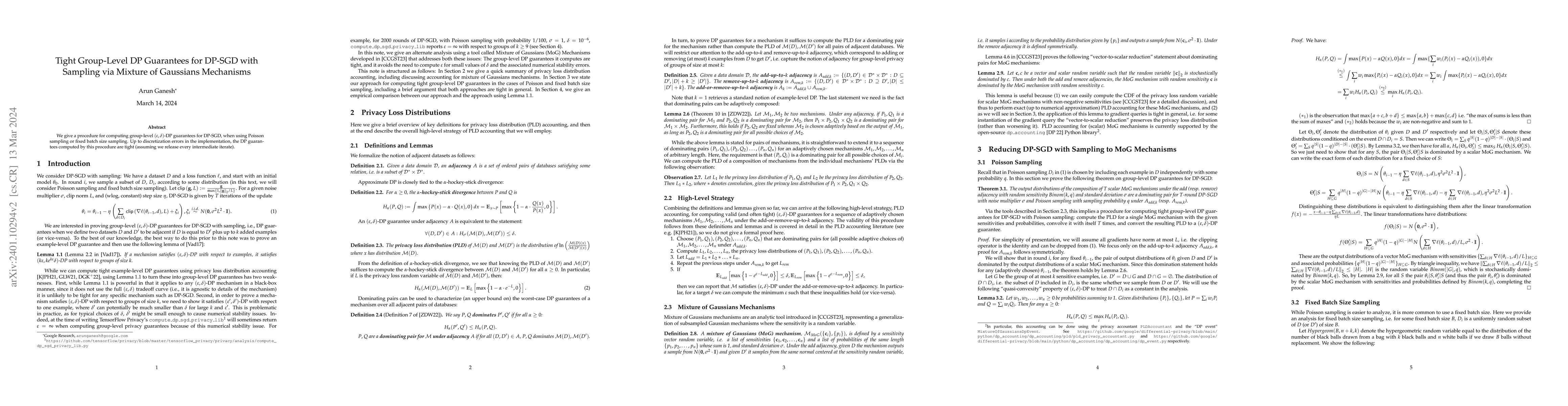 Thumbnail for Tight Group-Level DP Guarantees for DP-SGD with Sampling via Mixture of
  Gaussians Mechanisms