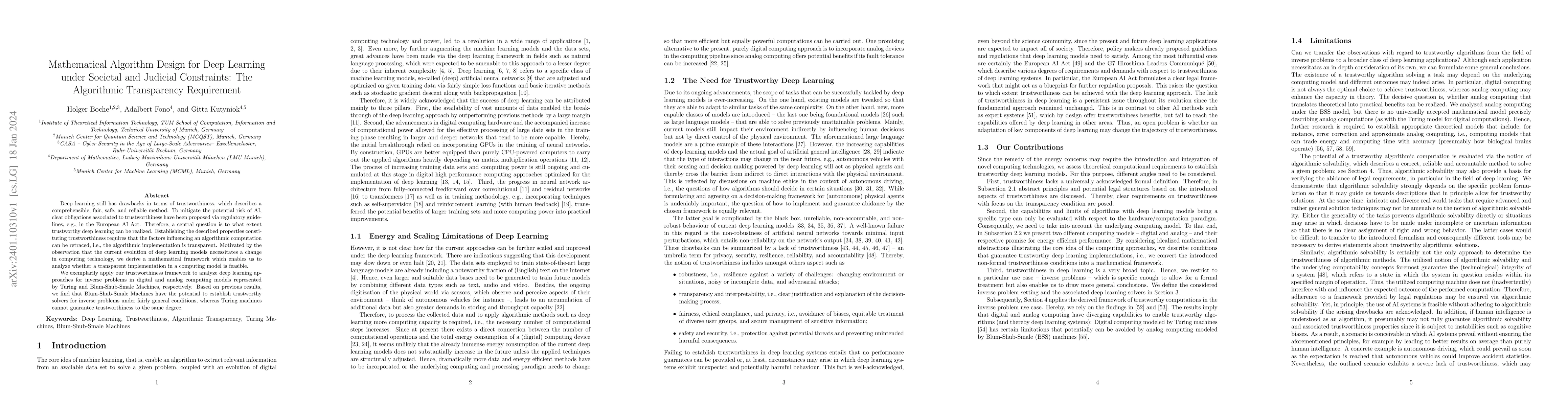Thumbnail for Mathematical Algorithm Design for Deep Learning under Societal and
  Judicial Constraints: The Algorithmic Transparency Requirement