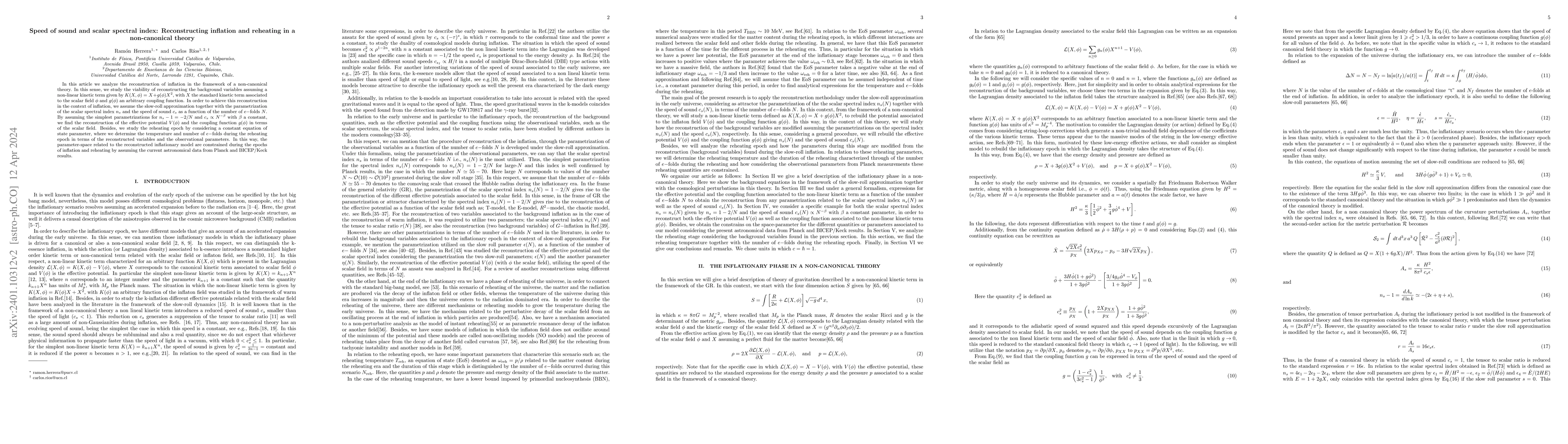 Thumbnail for Speed of sound and scalar spectral index: Reconstructing inflation and
  reheating in a non-canonical theory