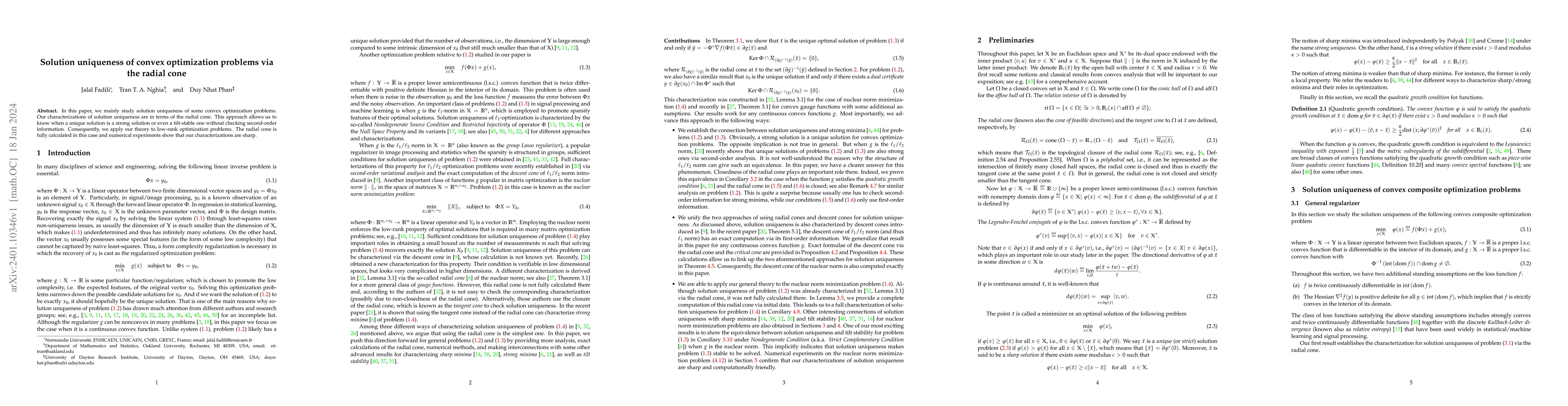 Thumbnail for Solution uniqueness of convex optimization problems via the radial cone