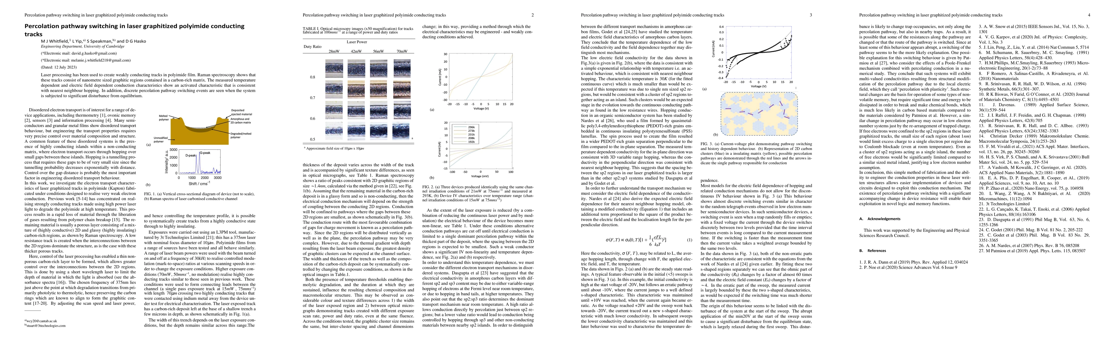 Thumbnail for Percolation pathway switching in laser graphitized polyimide conducting
  tracks