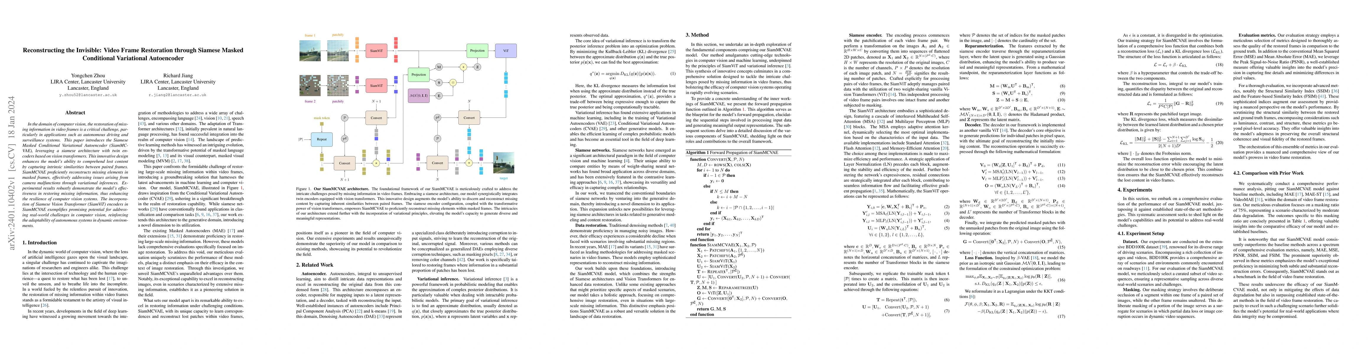 Thumbnail for Reconstructing the Invisible: Video Frame Restoration through Siamese
  Masked Conditional Variational Autoencoder