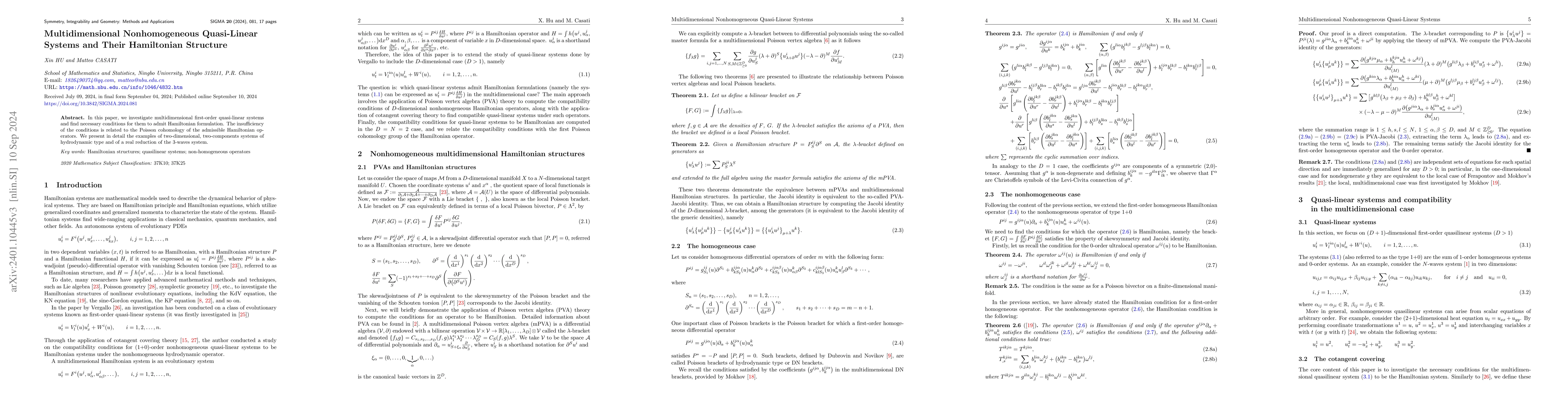Thumbnail for Multidimensional nonhomogeneous quasi-linear systems and their
  Hamiltonian structures