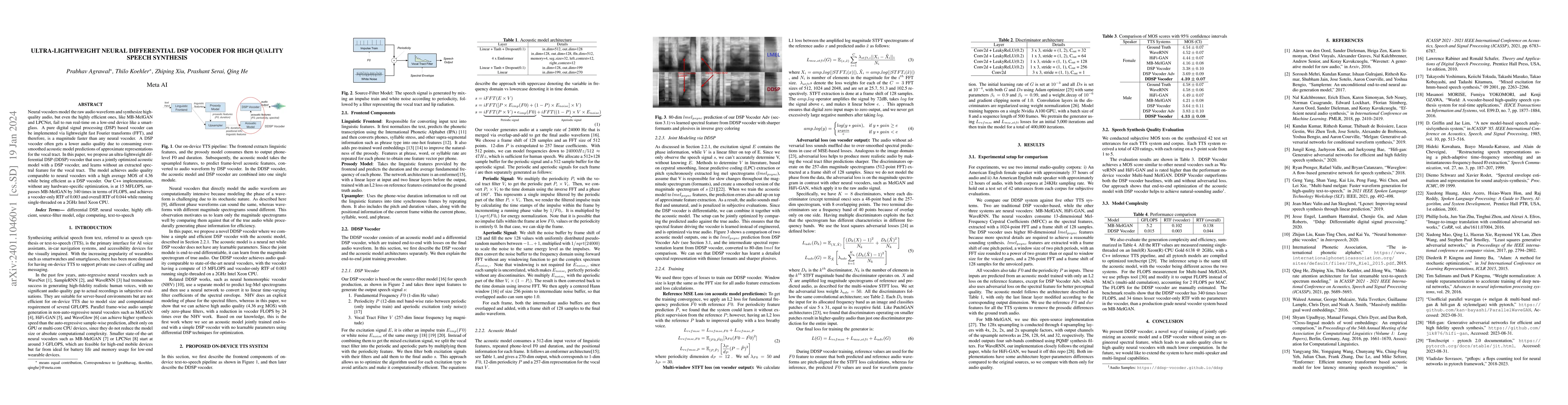 Thumbnail for Ultra-lightweight Neural Differential DSP Vocoder For High Quality
  Speech Synthesis