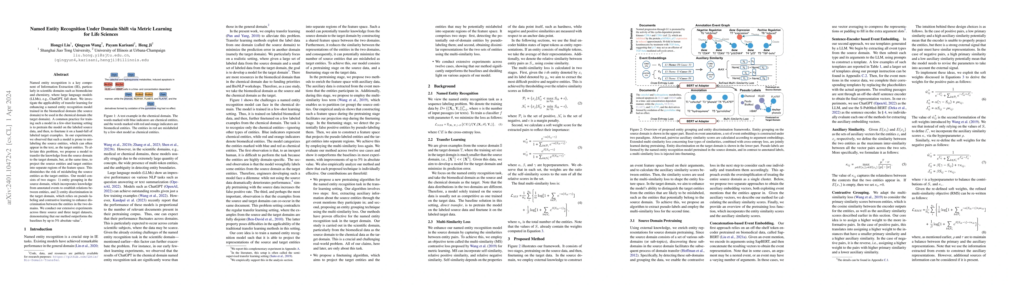Thumbnail for Named Entity Recognition Under Domain Shift via Metric Learning for Life
  Sciences