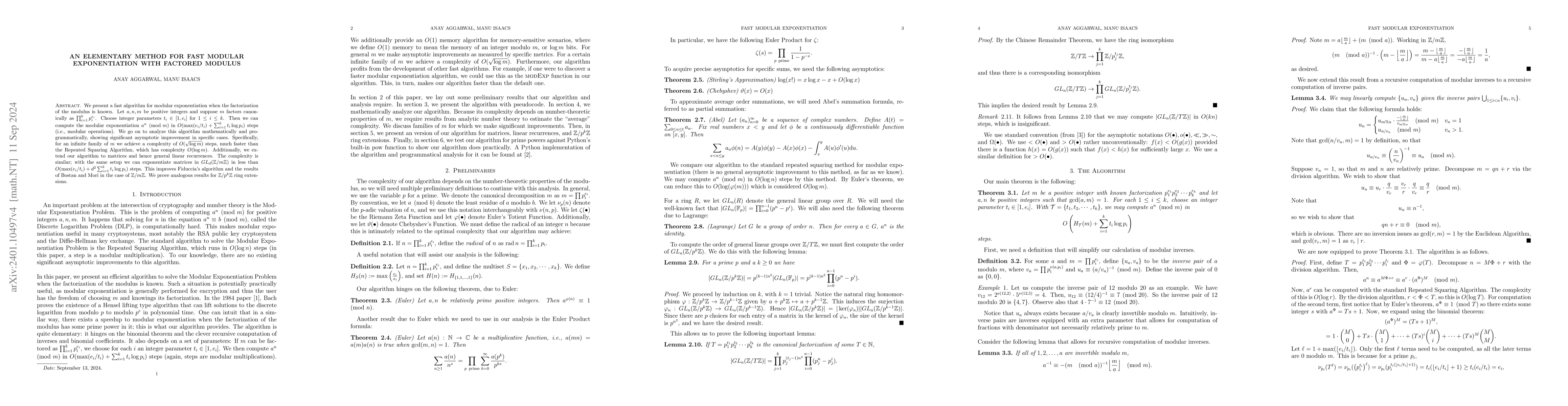 Thumbnail for An Elementary Method For Fast Modular Exponentiation With Factored
  Modulus