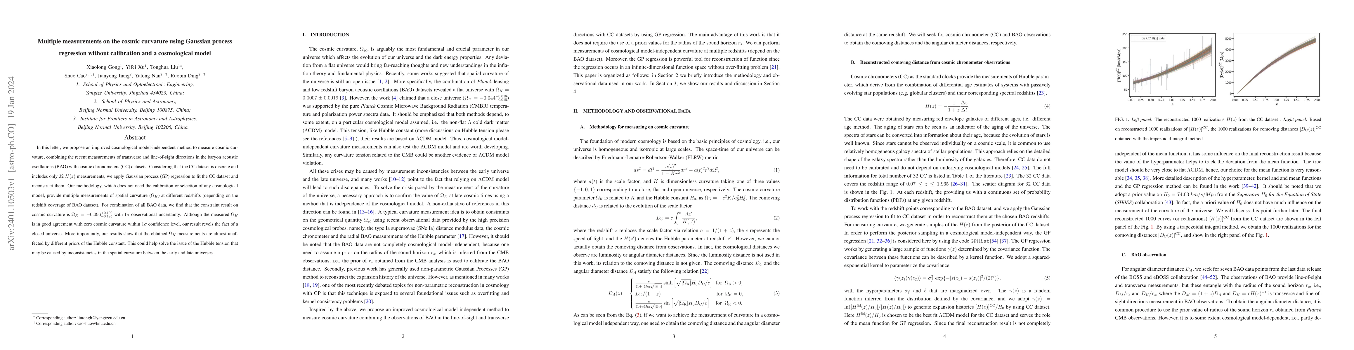 Thumbnail for Multiple measurements on the cosmic curvature using Gaussian process
  regression without calibration and a cosmological model