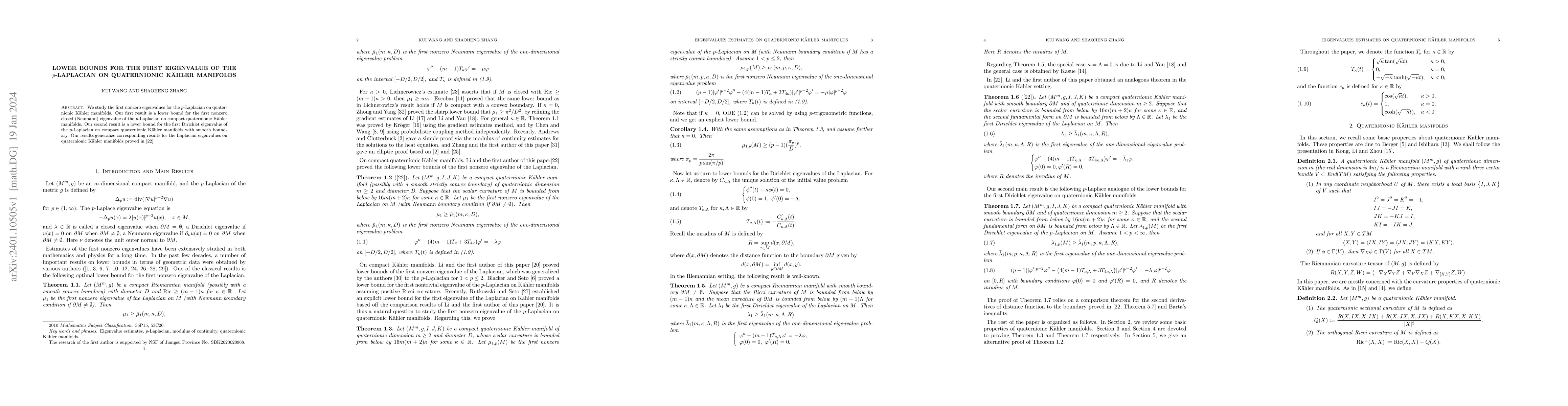 Thumbnail for Lower bounds for the first eigenvalue of the $p$-Laplacian on
  quaternionic K\"ahler manifolds