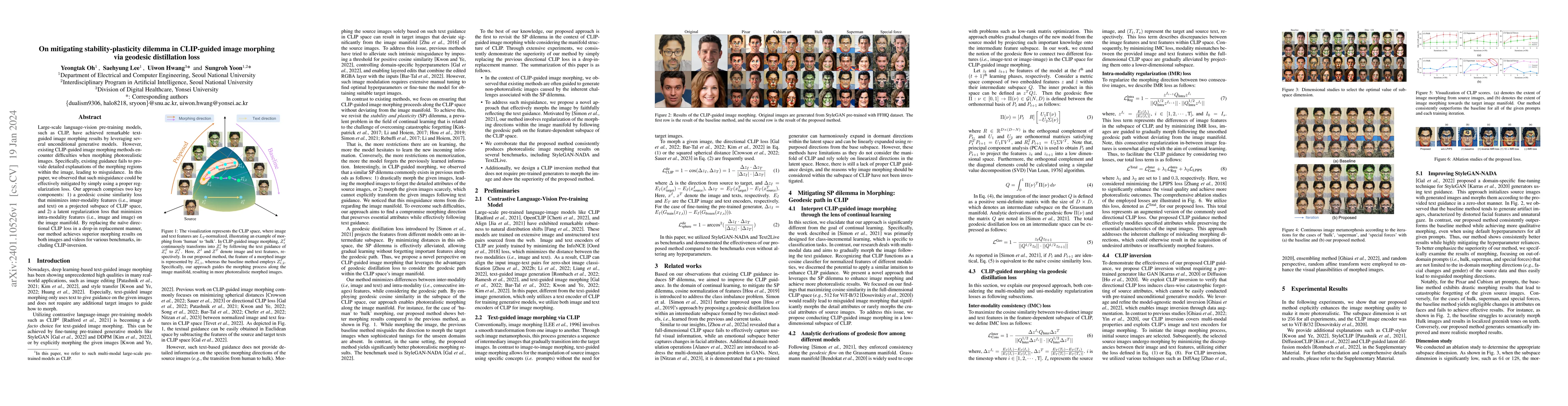 Thumbnail for On mitigating stability-plasticity dilemma in CLIP-guided image morphing
  via geodesic distillation loss