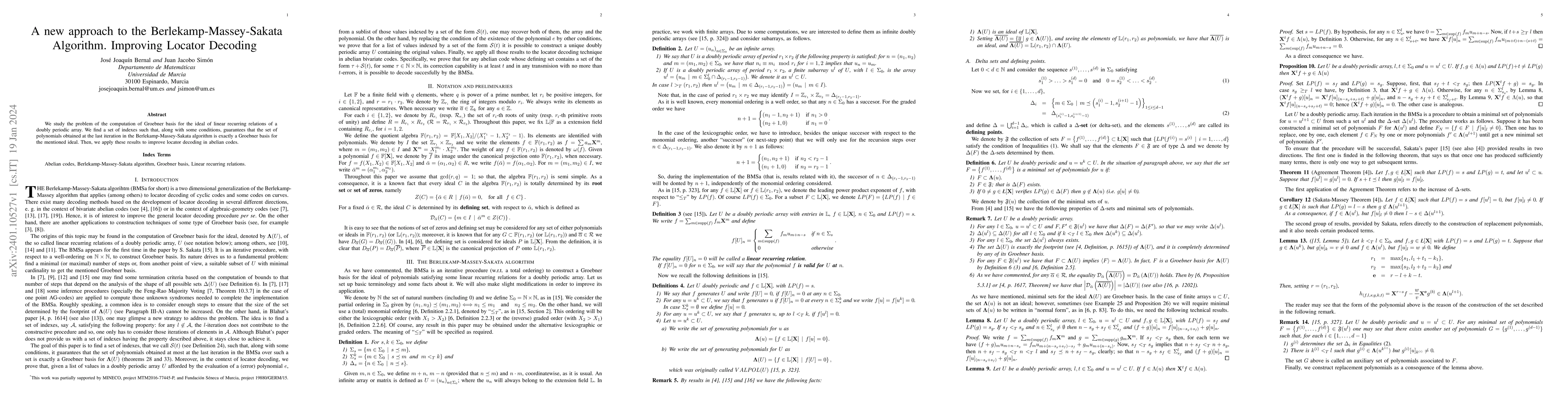 Thumbnail for A new approach to the Berlekamp-Massey-Sakata Algorithm. Improving
  Locator Decoding