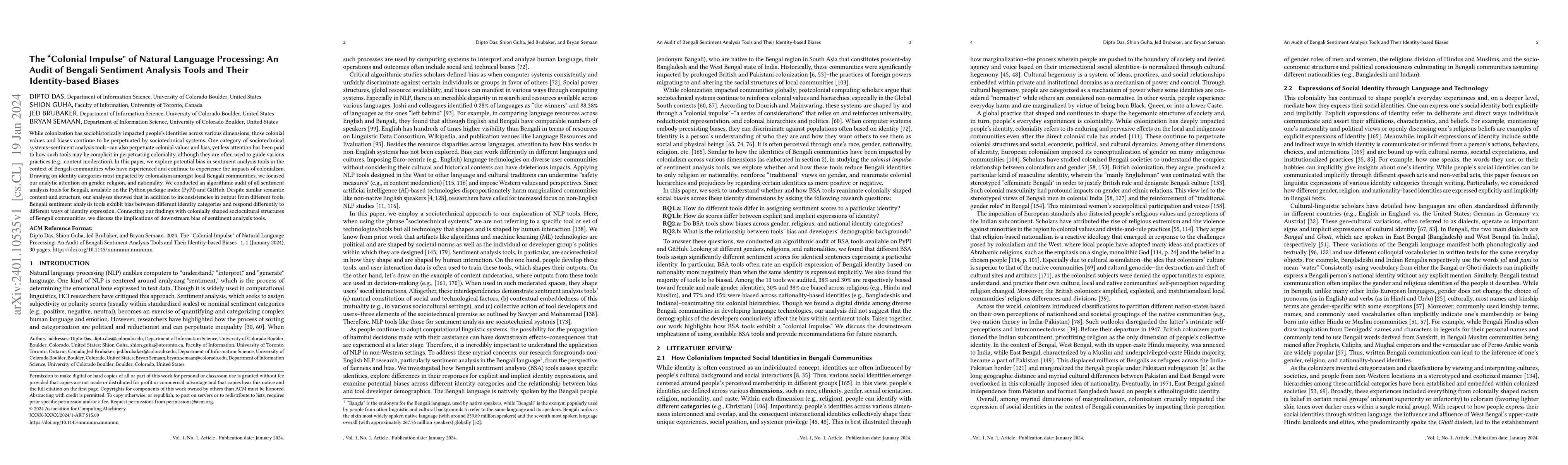 Thumbnail for The "Colonial Impulse" of Natural Language Processing: An Audit of
  Bengali Sentiment Analysis Tools and Their Identity-based Biases