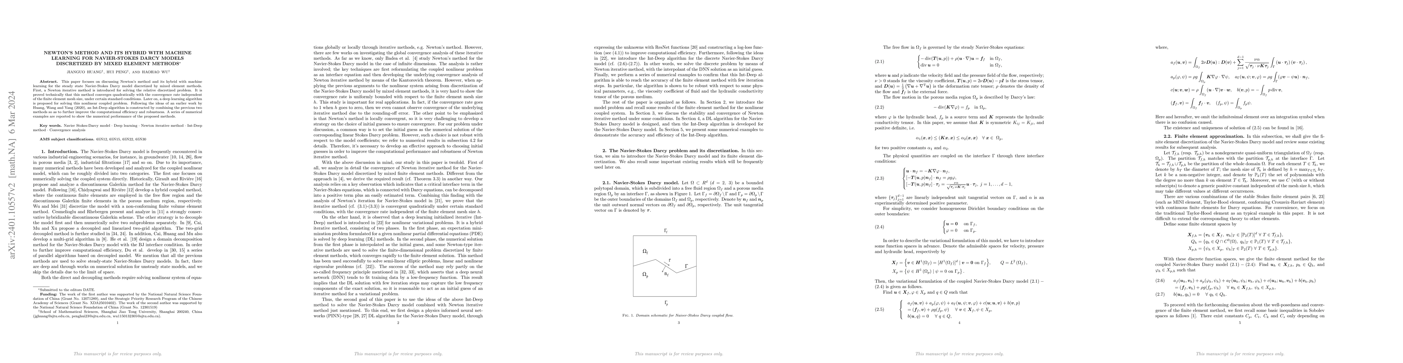 Thumbnail for Newton's method and its hybrid with machine learning for Navier-Stokes
  Darcy Models discretized by mixed element methods