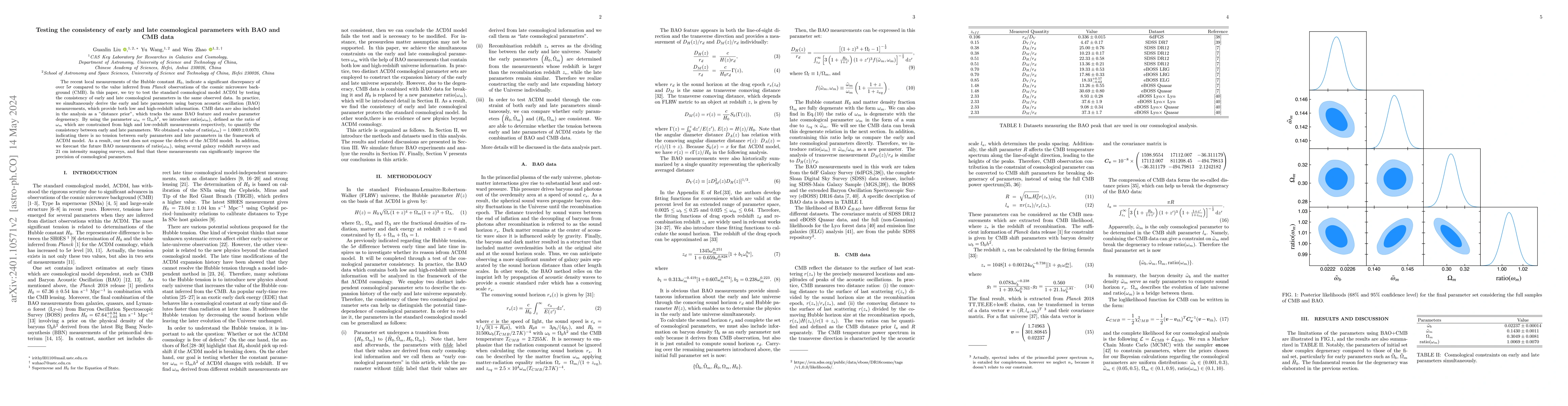 Thumbnail for Testing the consistency of early and late cosmological parameters with
  BAO and CMB data