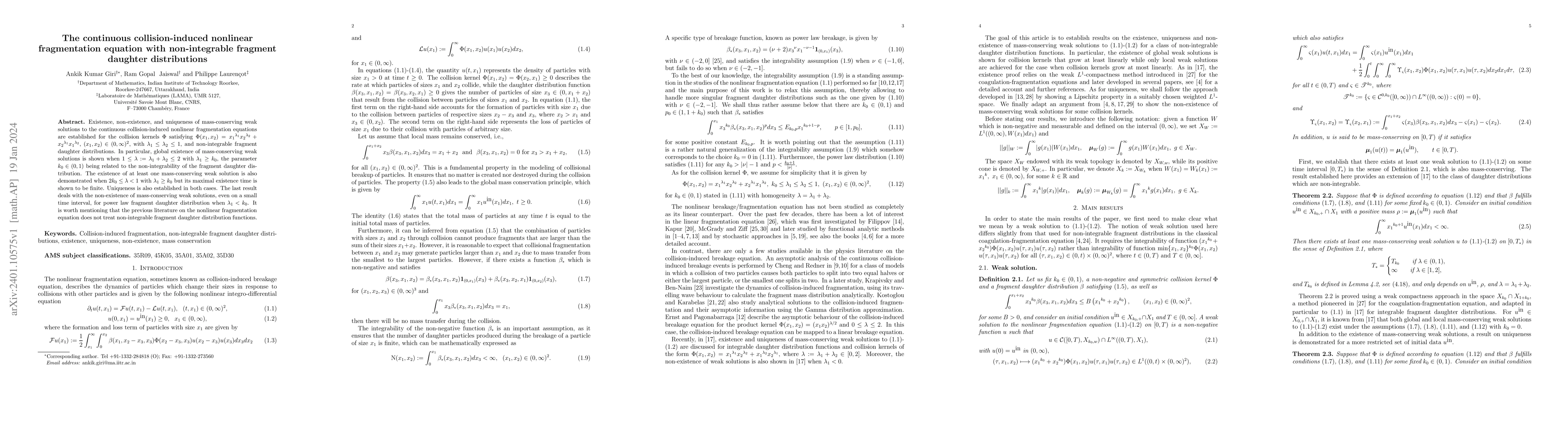 Thumbnail for The continuous collision-induced nonlinear fragmentation equation with
  non-integrable fragment daughter distributions