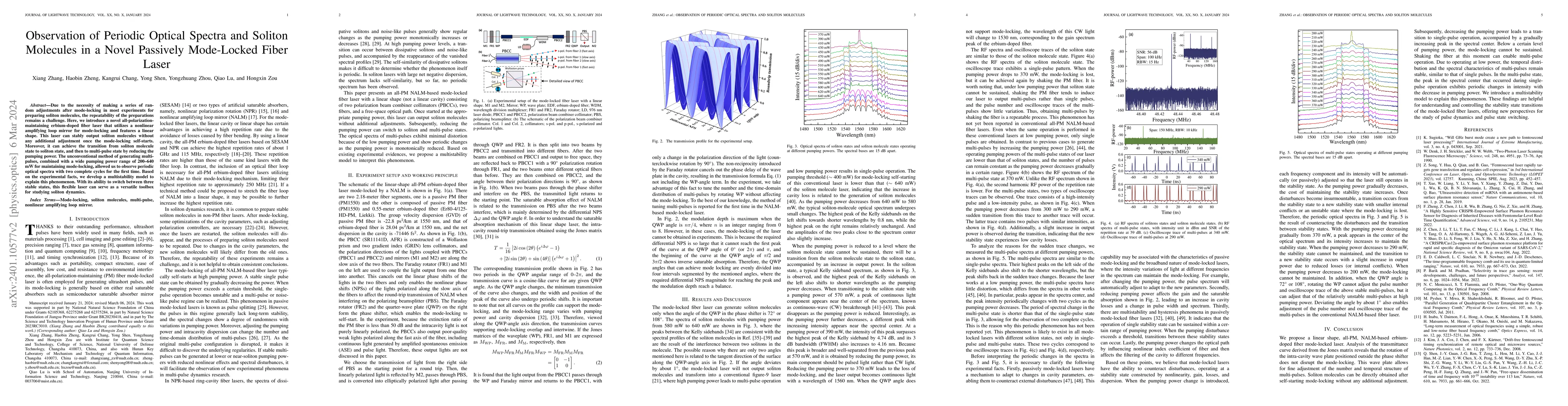 Thumbnail for Observation of periodic optical spectra and soliton molecules in a novel
  passively mode-locked fiber laser
