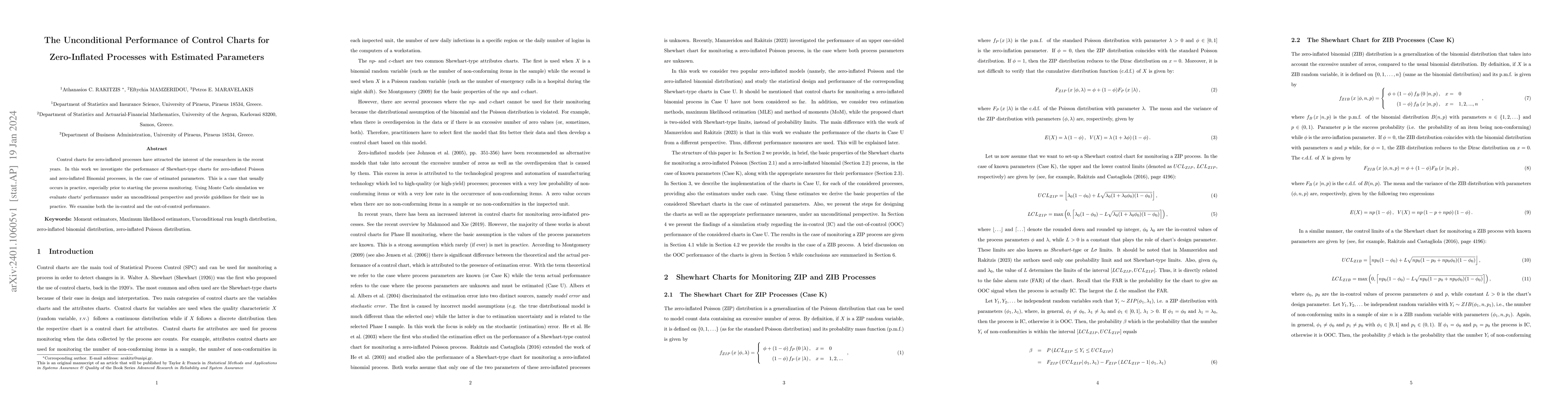 Thumbnail for The Unconditional Performance of Control Charts for Zero-Inflated
  Processes with Estimated Parameters