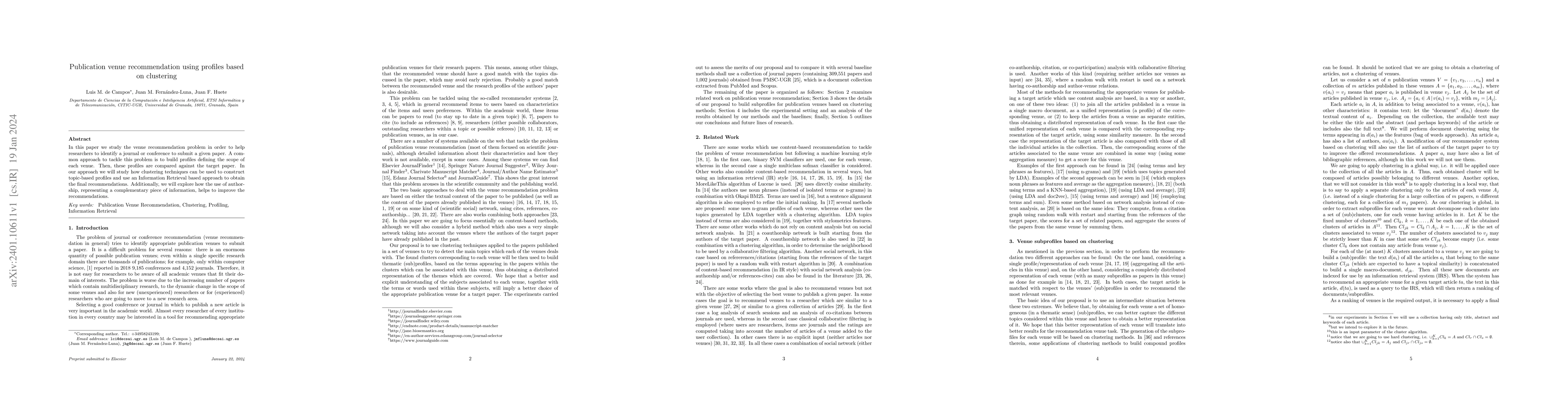 Thumbnail for Publication venue recommendation using profiles based on clustering