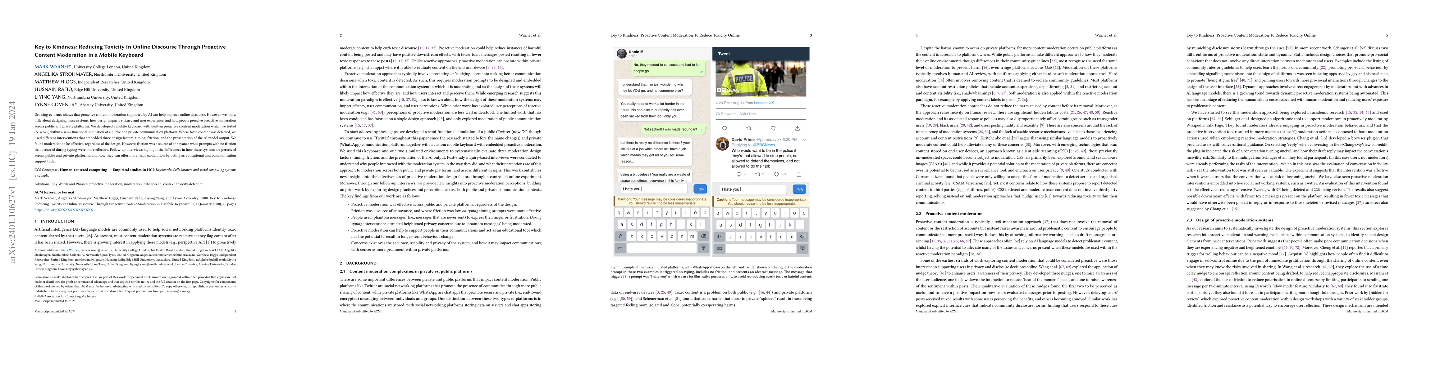Thumbnail for Key to Kindness: Reducing Toxicity In Online Discourse Through Proactive
  Content Moderation in a Mobile Keyboard