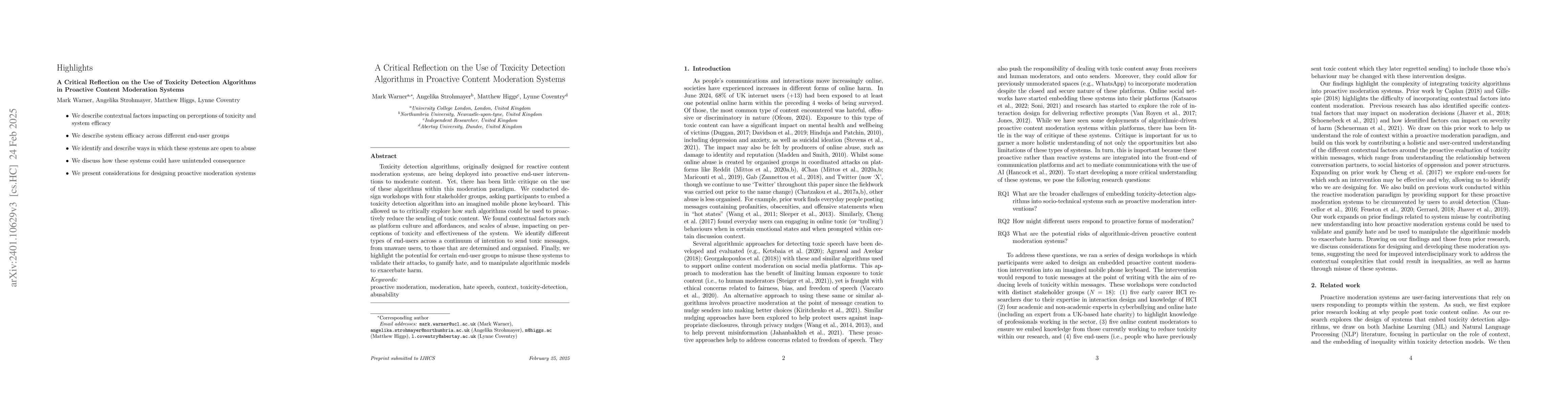 Thumbnail for A Critical Reflection on the Use of Toxicity Detection Algorithms in
  Proactive Content Moderation Systems
