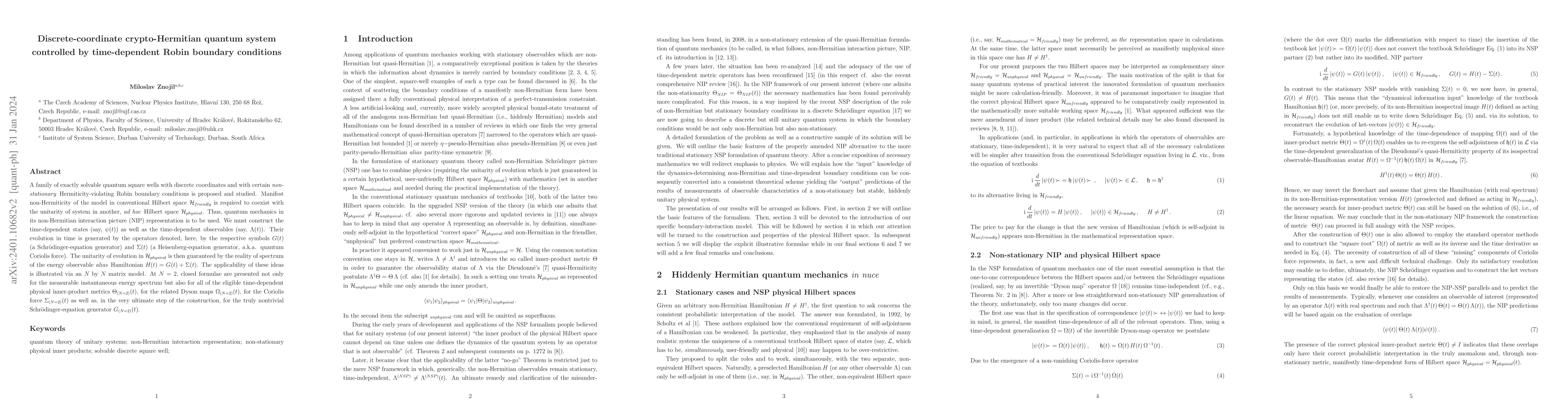 Thumbnail for Discrete-coordinate crypto-Hermitian quantum system controlled by
  time-dependent Robin boundary conditions