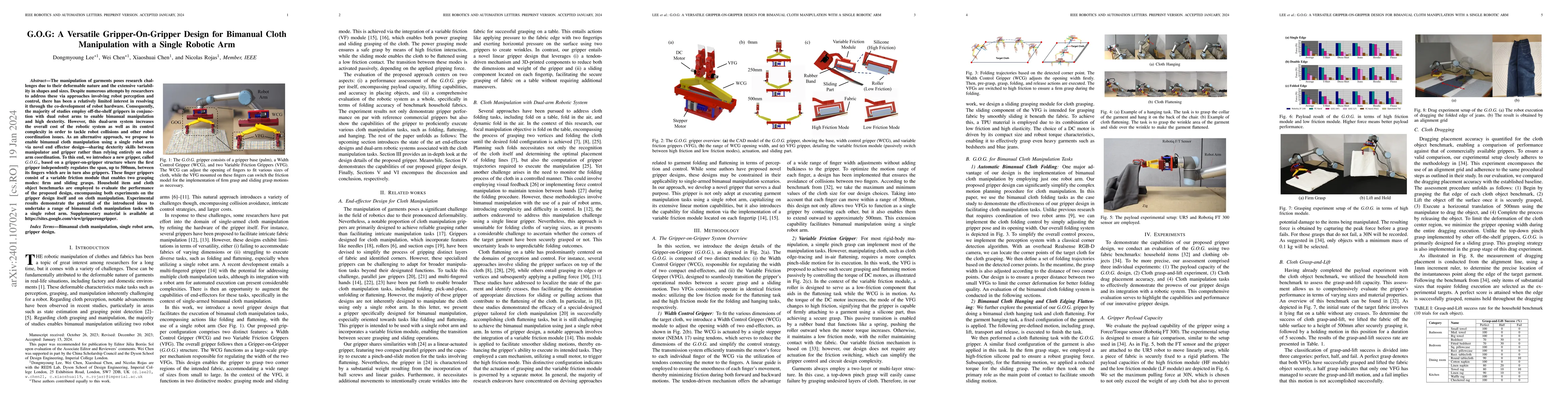 Thumbnail for G.O.G: A Versatile Gripper-On-Gripper Design for Bimanual Cloth
  Manipulation with a Single Robotic Arm