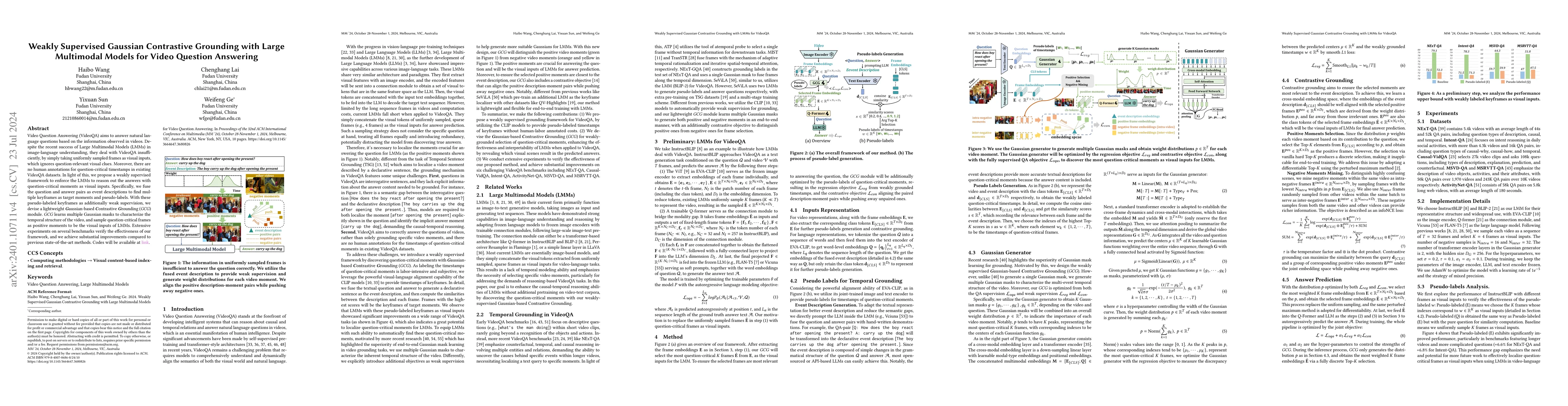 Thumbnail for Weakly Supervised Gaussian Contrastive Grounding with Large Multimodal
  Models for Video Question Answering