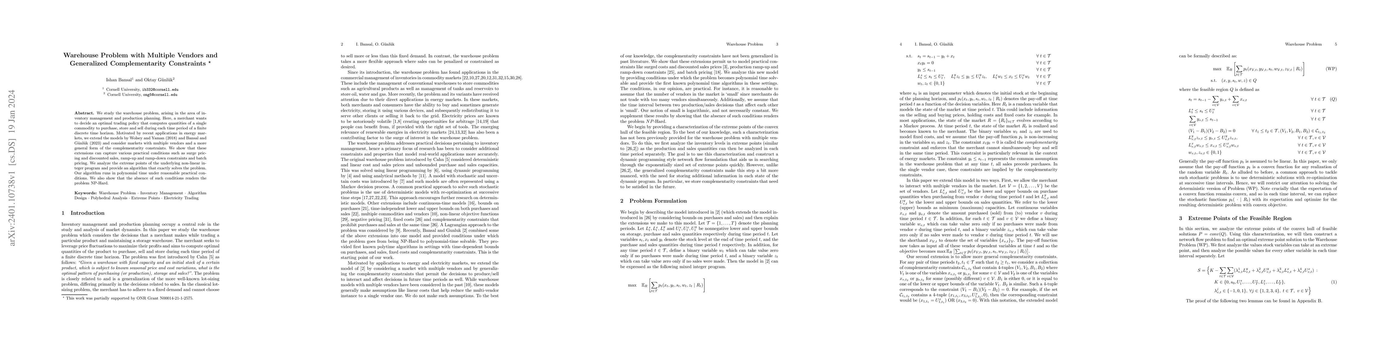Thumbnail for Warehouse Problem with Multiple Vendors and Generalized Complementarity
  Constraints