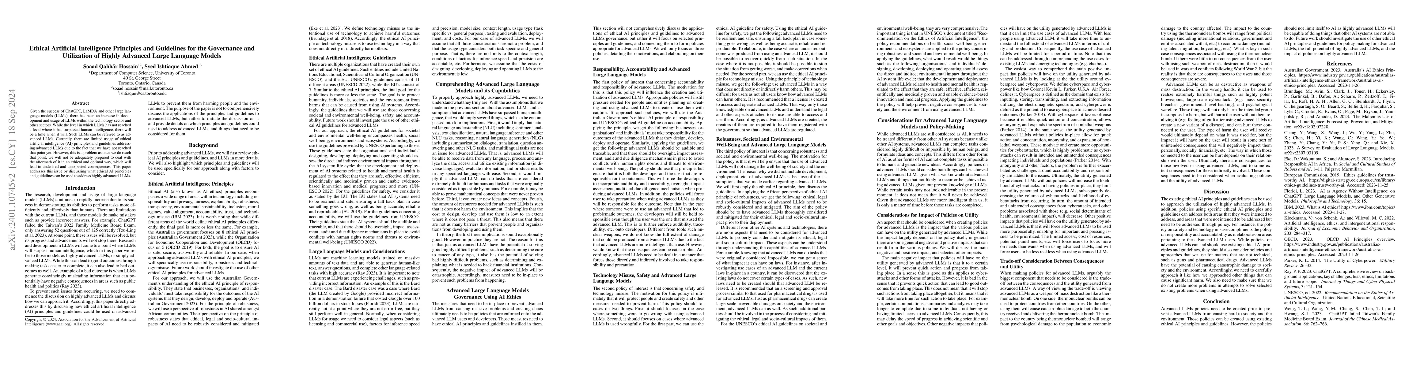 Thumbnail for Ethical Artificial Intelligence Principles and Guidelines for the
  Governance and Utilization of Highly Advanced Large Language Models