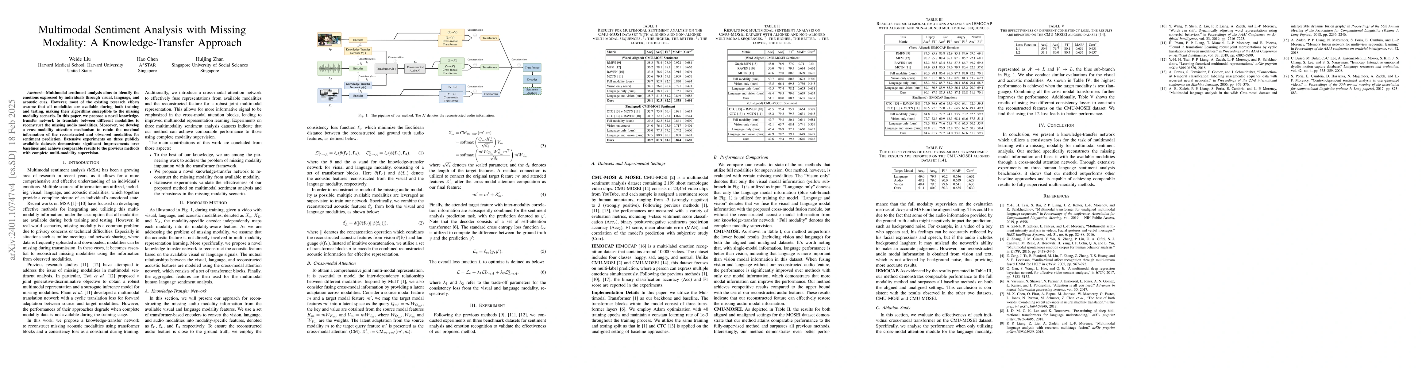 Thumbnail for Multimodal Sentiment Analysis with Missing Modality: A
  Knowledge-Transfer Approach
