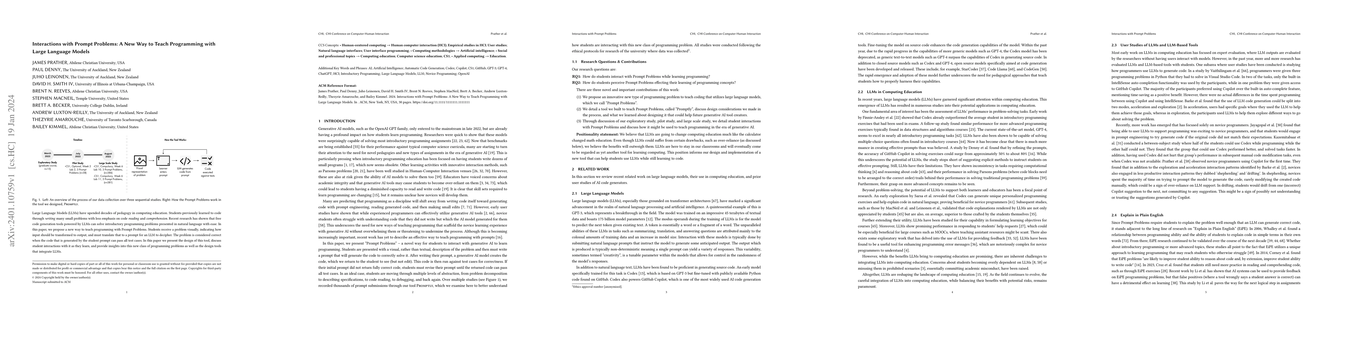 Thumbnail for Interactions with Prompt Problems: A New Way to Teach Programming with
  Large Language Models