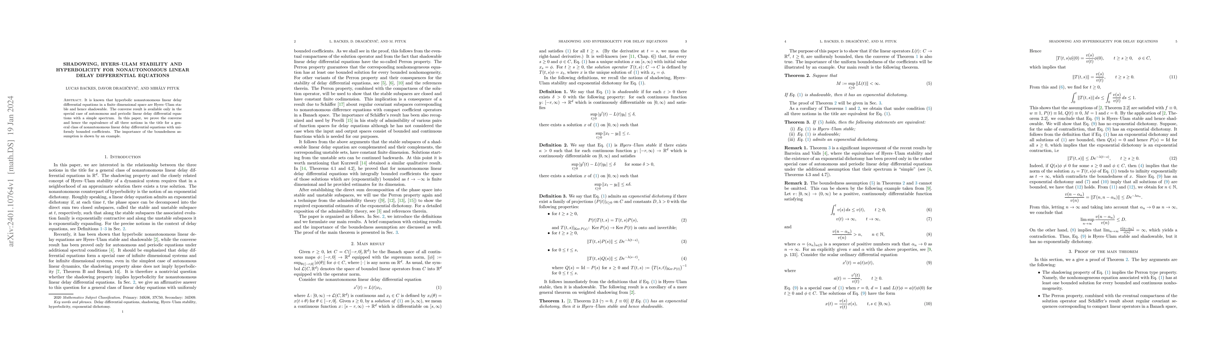 Thumbnail for Shadowing, Hyers--Ulam stability and hyperbolicity for nonautonomous
  linear delay differential equations