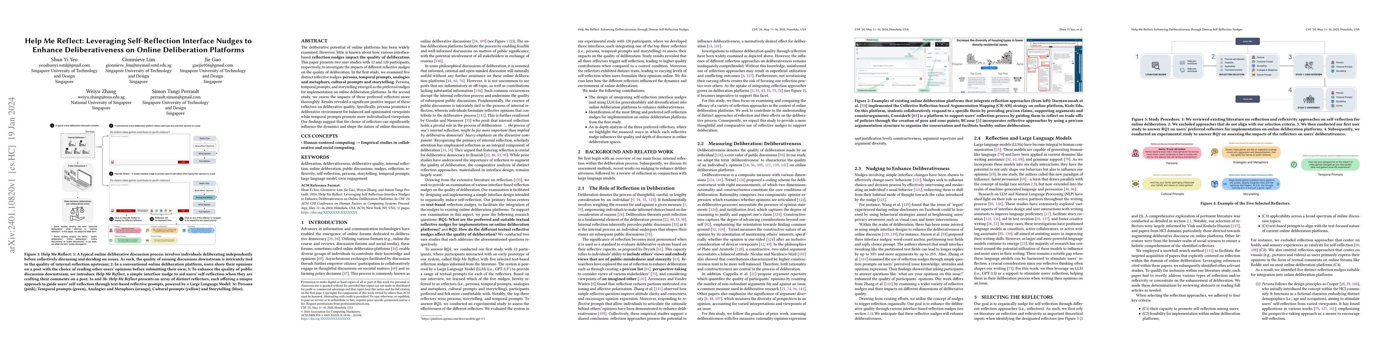 Thumbnail for Help Me Reflect: Leveraging Self-Reflection Interface Nudges to Enhance
  Deliberativeness on Online Deliberation Platforms