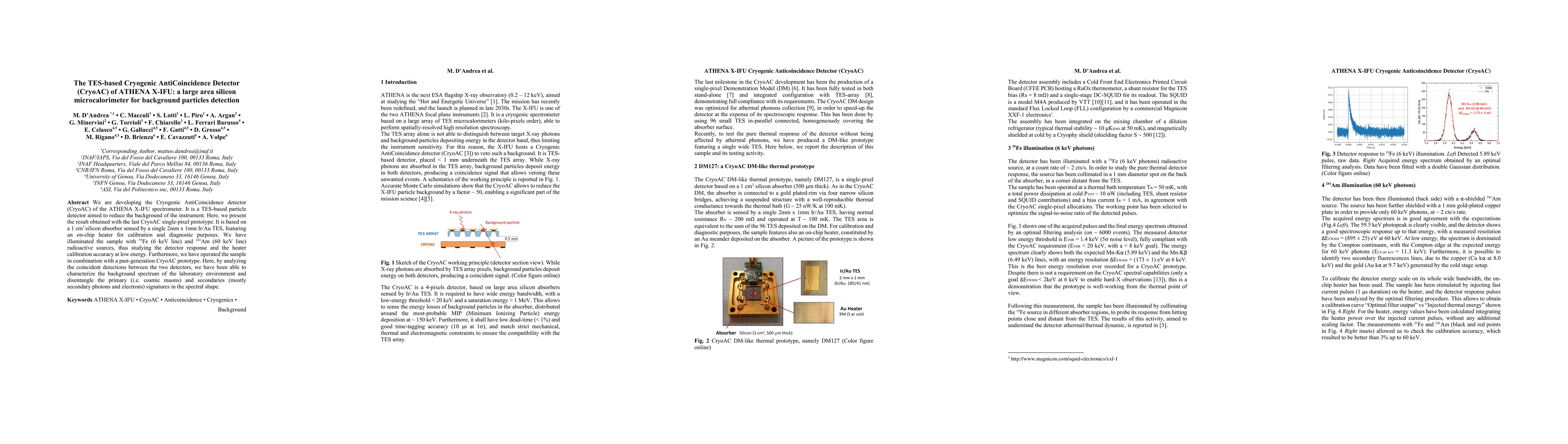 Thumbnail for The TES-based Cryogenic AntiCoincidence Detector (CryoAC) of ATHENA
  X-IFU: a large area silicon microcalorimeter for background particles
  detection