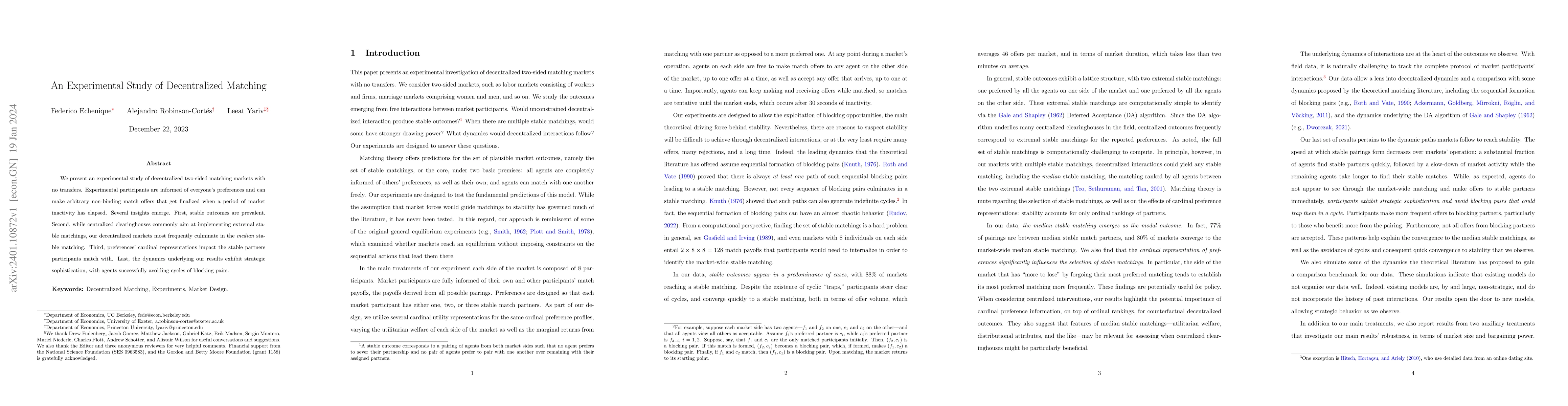 Thumbnail for An Experimental Study of Decentralized Matching