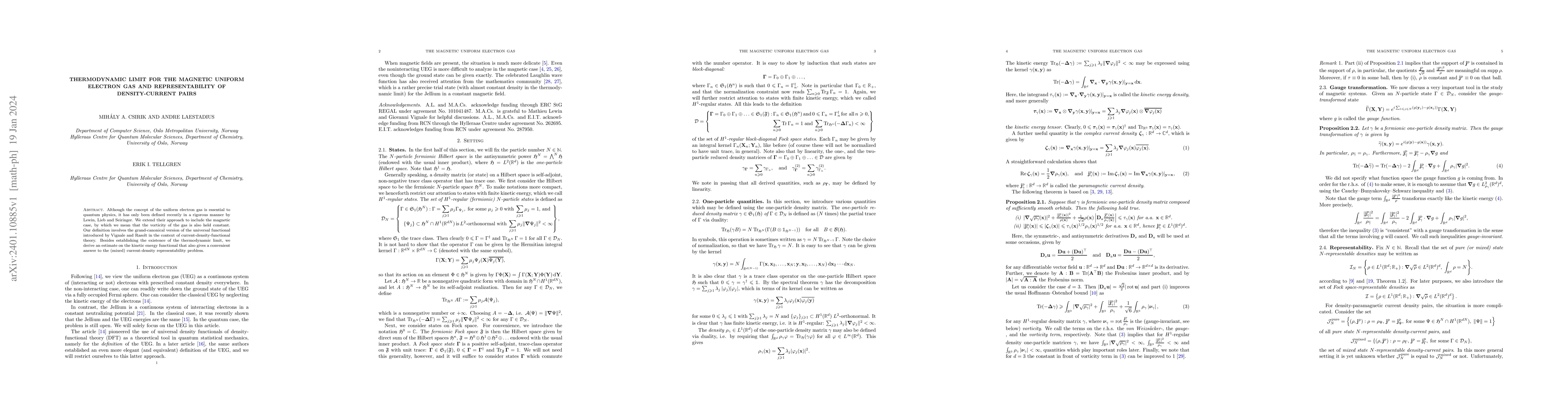 Thumbnail for Thermodynamic limit for the magnetic uniform electron gas and
  representability of density-current pairs