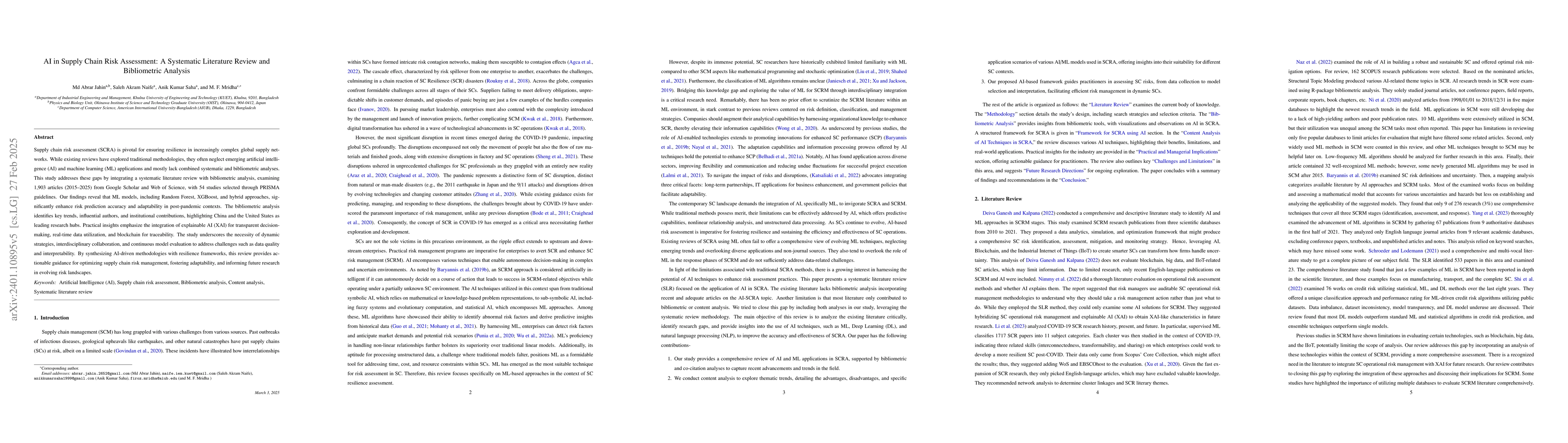 Thumbnail for AI in Supply Chain Risk Assessment: A Systematic Literature Review and
  Bibliometric Analysis