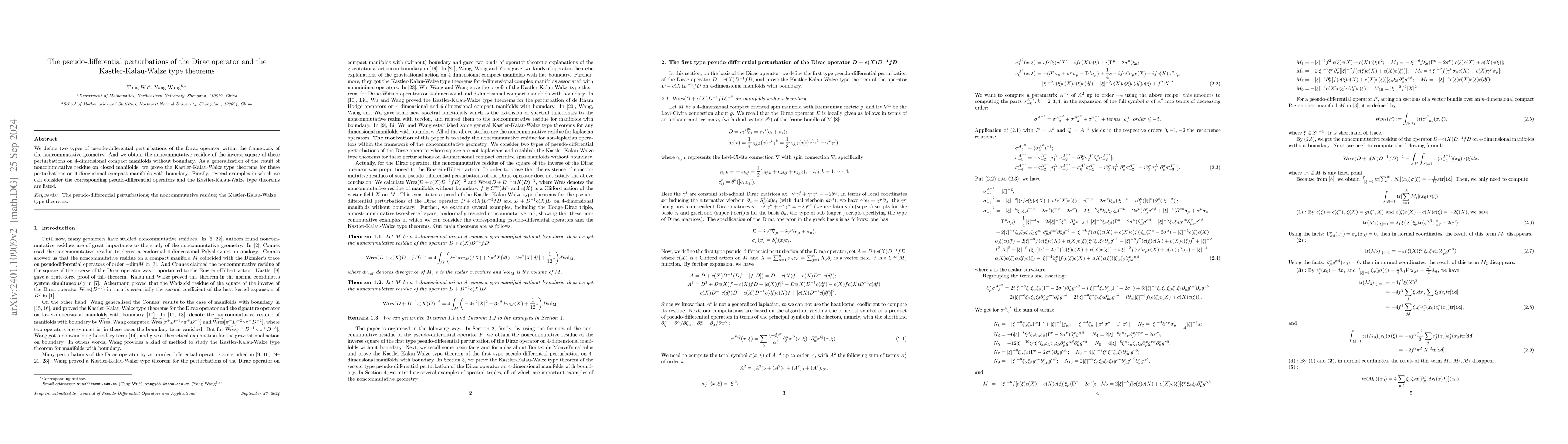 Thumbnail for The pseudodiffential pertubations of the Dirac operator and the
  Kastler-Kalau-Walze type theorems
