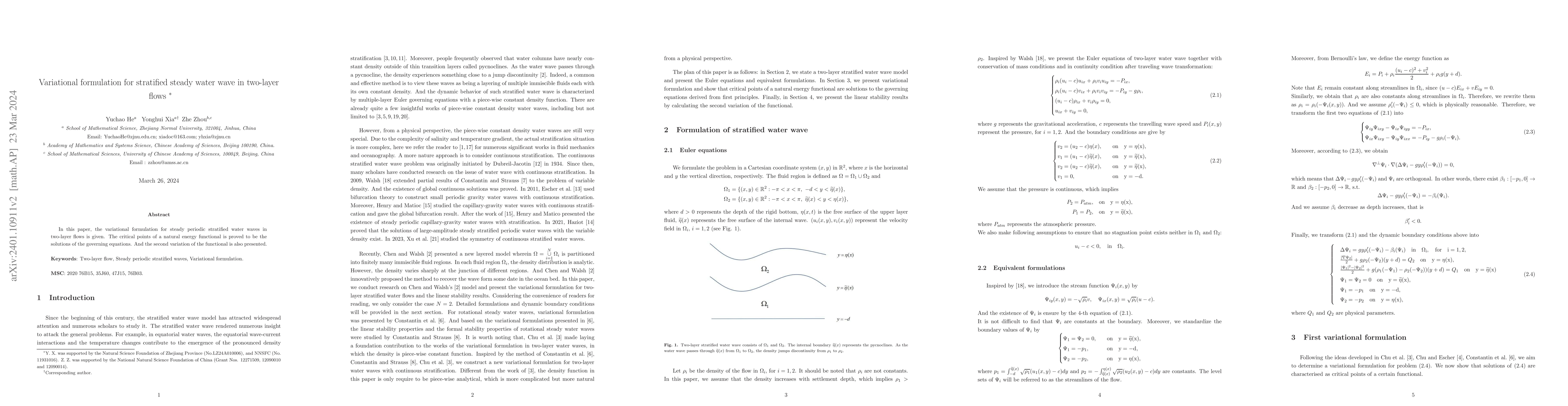 Thumbnail for Variational formulation for stratified steady water wave in two-layer
  flows