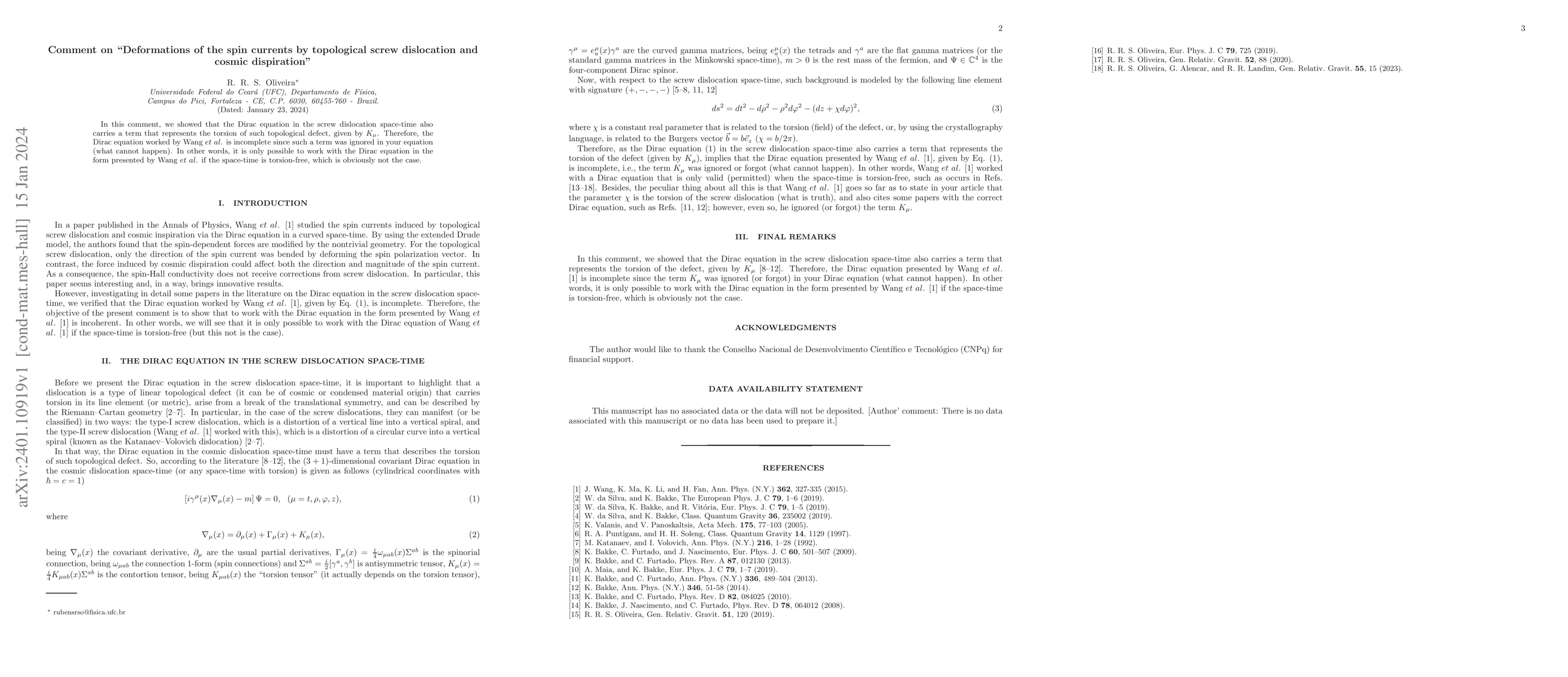 Thumbnail for Comment on "Deformations of the spin currents by topological screw
  dislocation and cosmic dispiration''